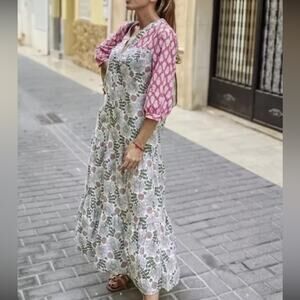 Zara Women’s Ecru Floral Midi Long Sleeve Two Print Pink Green Floral Dress XS